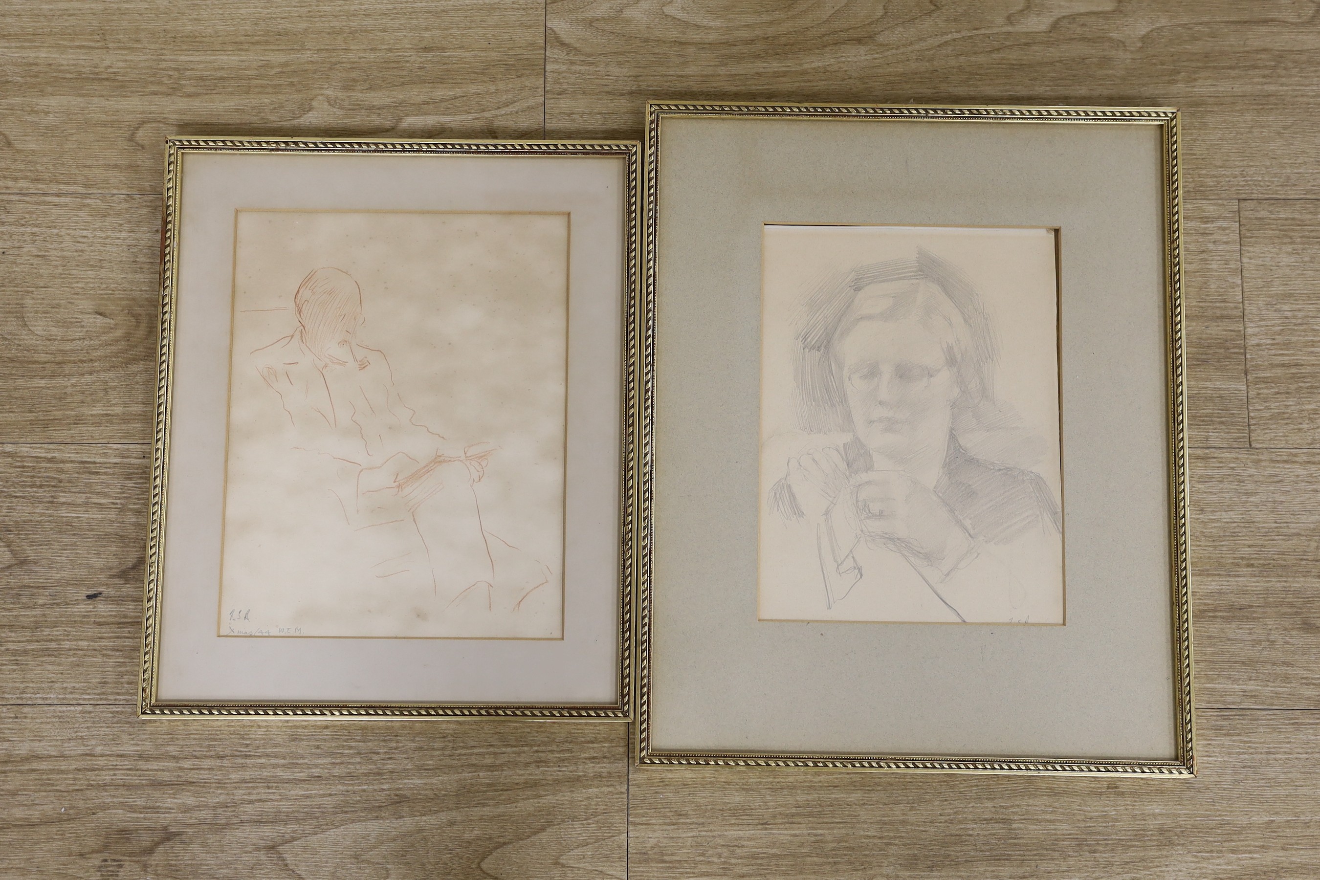Frederick Samuel Beaumont (1833-1899), two pencil sketches, a lady knitting, and a seated man reading and smoking his pipe, both monogrammed F.S.R., the latter inscribed ‘X-mas/44’, 30 x 23cm